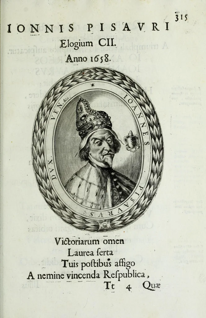 An illustration from Ducalis regiae lararium, siue, Ser[enisi]m[a]e Reipu. Venetae principu[m] omniu[m] icones : vsque ad serenisimu[m] Ioannem Pisaurum, qui nunc reru[m] feliciter potitur, elogia P.D. Leonis Matinae .., 1659, leaf 345