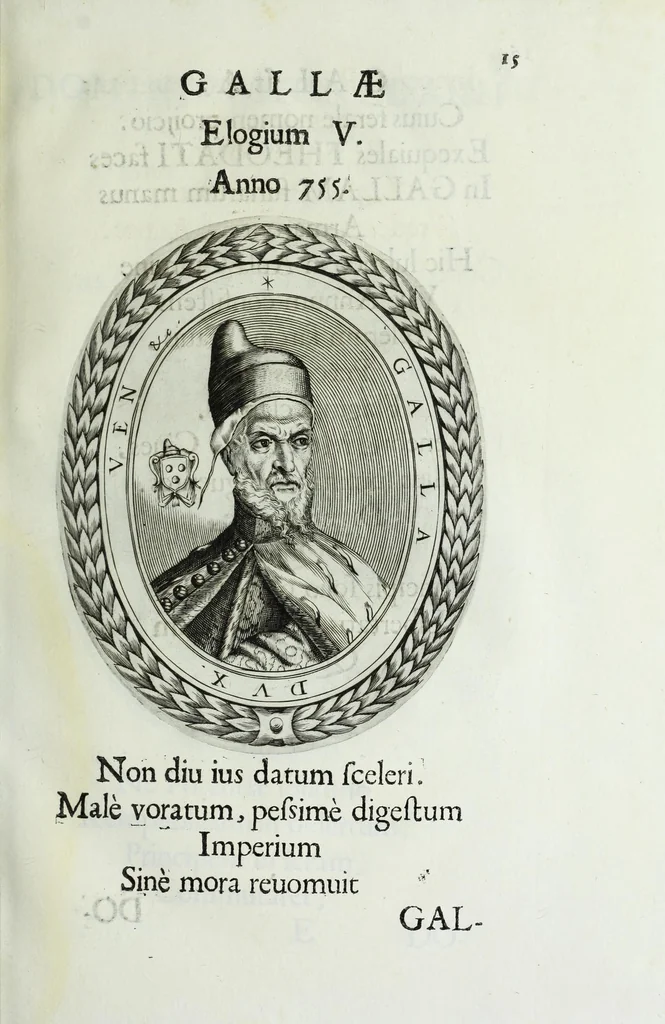 An illustration from Ducalis regiae lararium, siue, Ser[enisi]m[a]e Reipu. Venetae principu[m] omniu[m] icones : vsque ad serenisimu[m] Ioannem Pisaurum, qui nunc reru[m] feliciter potitur, elogia P.D. Leonis Matinae .., 1659, leaf 45