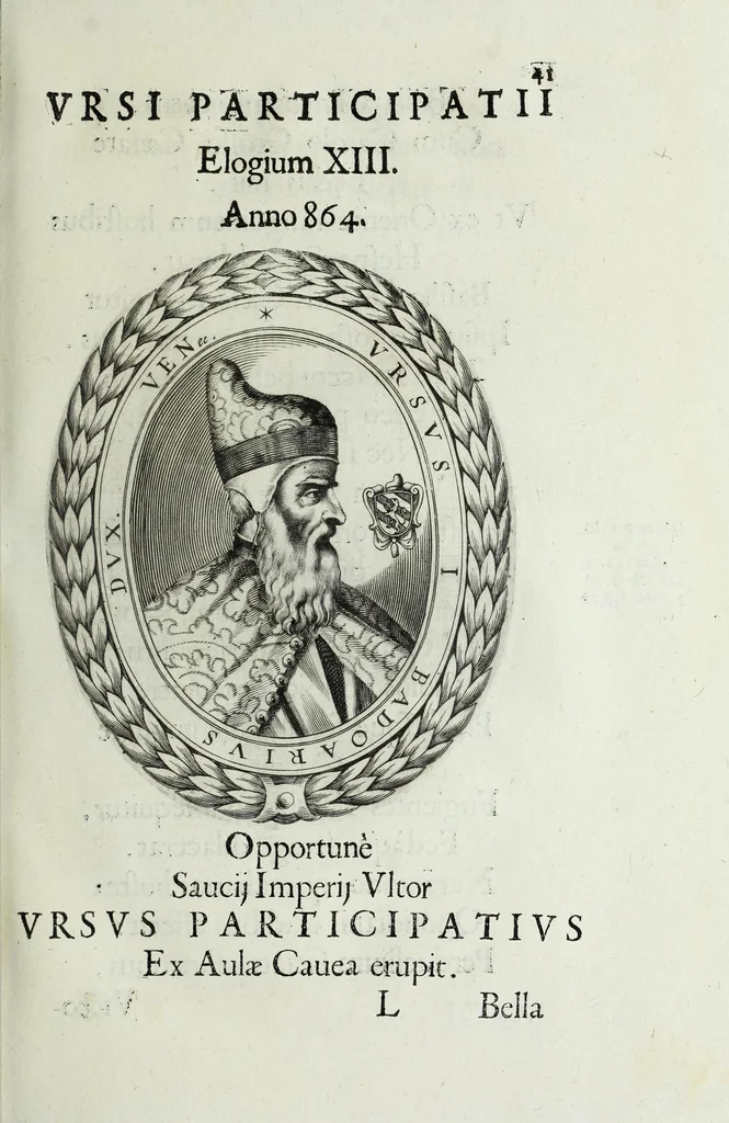 An illustration from Ducalis regiae lararium, siue, Ser[enisi]m[a]e Reipu. Venetae principu[m] omniu[m] icones : vsque ad serenisimu[m] Ioannem Pisaurum, qui nunc reru[m] feliciter potitur, elogia P.D. Leonis Matinae .., 1659, leaf 71