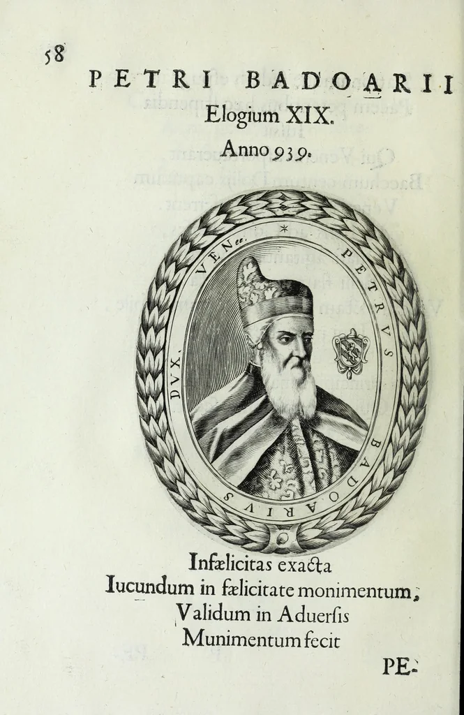 An illustration from Ducalis regiae lararium, siue, Ser[enisi]m[a]e Reipu. Venetae principu[m] omniu[m] icones : vsque ad serenisimu[m] Ioannem Pisaurum, qui nunc reru[m] feliciter potitur, elogia P.D. Leonis Matinae .., 1659, leaf 88