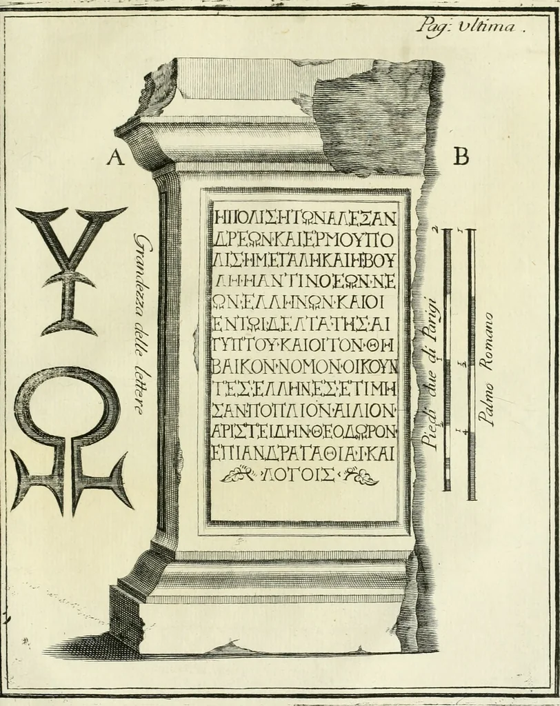 An illustration from Due dissertazioni di Giuseppe Bartoli : nella prima si dà notizia del pubblico Museo d'iscrizioni eretto nuovamente in Verona, e con l'uso delle osservazioni e delle sperienze in rispetto della fisica si paragona l'uso dell'antichità figurata e scritta relativamente alla storia : nella seconda si dimostra la bellezza d'una greca inedita iscrizione collocata in questo museo, 1745, leaf 232