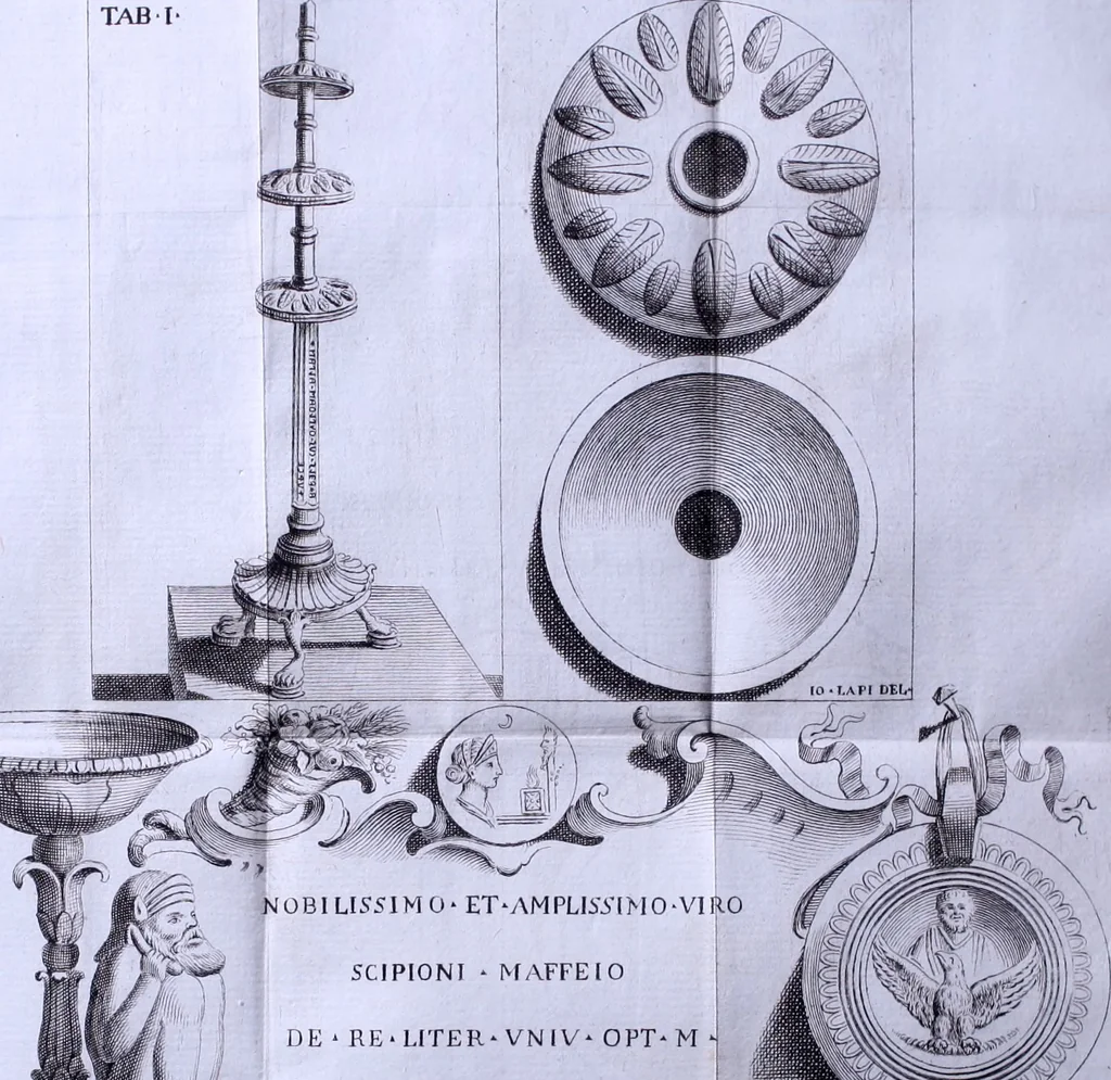 An illustration from Due ragionamenti del dottore Lodovico Coltellini agli accademici etruschi di Cortona sopra quattro superbi bronzi antichi e due in specie, un creduto candelabro cioè, ed una statuetta puerile, con inscrizioni etrusche molto particolari, trovati di fresco nei contorni di detta città edizione arricchita di tavole in rame .., 1750, leaf 183