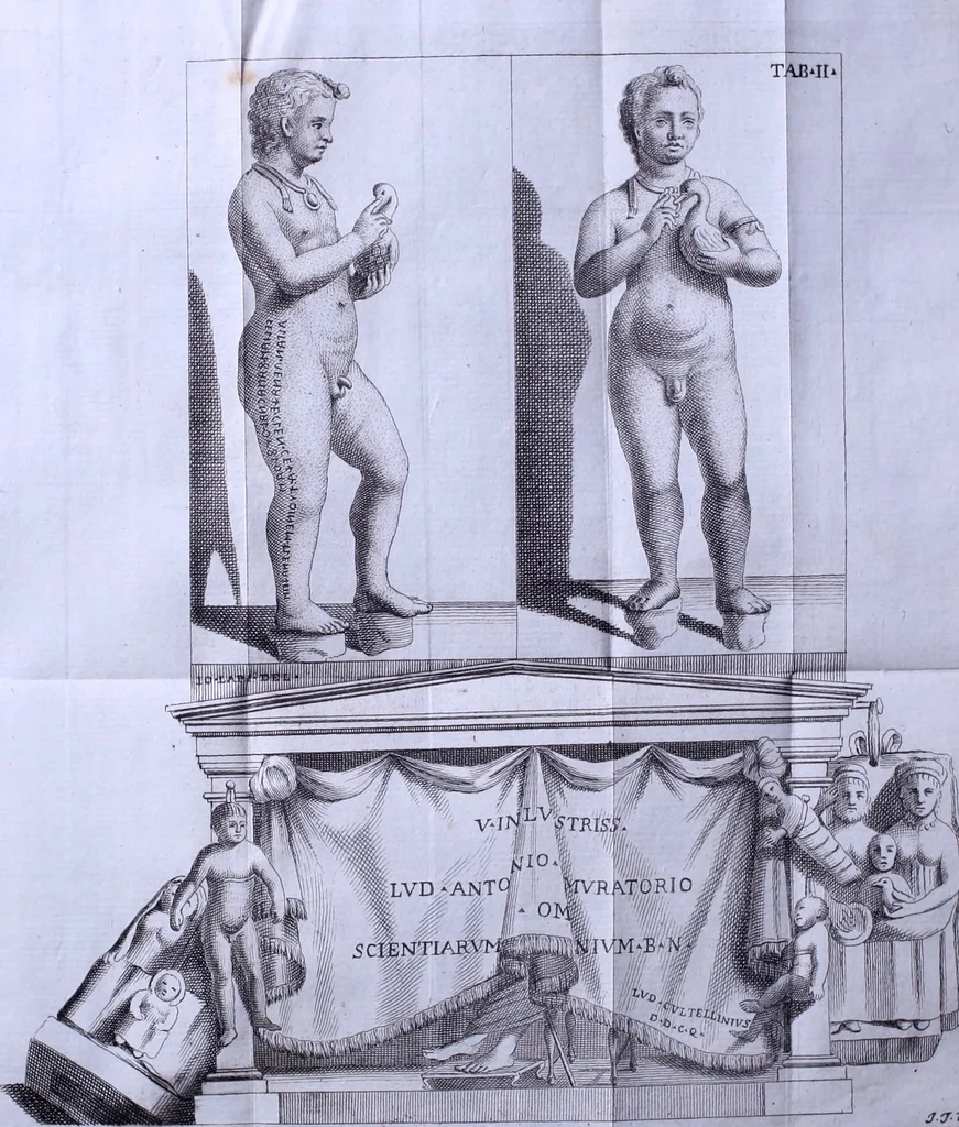 An illustration from Due ragionamenti del dottore Lodovico Coltellini agli accademici etruschi di Cortona sopra quattro superbi bronzi antichi e due in specie, un creduto candelabro cioè, ed una statuetta puerile, con inscrizioni etrusche molto particolari, trovati di fresco nei contorni di detta città edizione arricchita di tavole in rame .., 1750, leaf 185