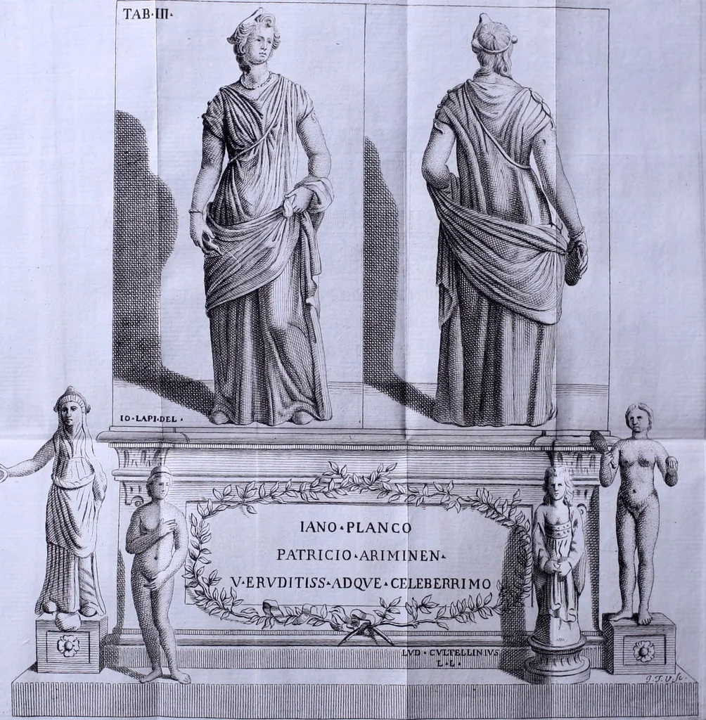 An illustration from Due ragionamenti del dottore Lodovico Coltellini agli accademici etruschi di Cortona sopra quattro superbi bronzi antichi e due in specie, un creduto candelabro cioè, ed una statuetta puerile, con inscrizioni etrusche molto particolari, trovati di fresco nei contorni di detta città edizione arricchita di tavole in rame .., 1750, leaf 187