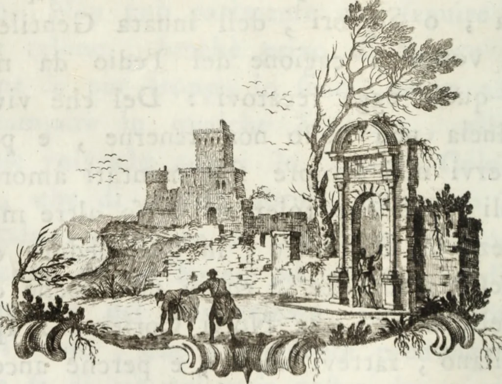 An illustration from Due ragionamenti del dottore Lodovico Coltellini agli accademici etruschi di Cortona sopra quattro superbi bronzi antichi e due in specie, un creduto candelabro cioè, ed una statuetta puerile, con inscrizioni etrusche molto particolari, trovati di fresco nei contorni di detta città edizione arricchita di tavole in rame .., 1750, leaf 83