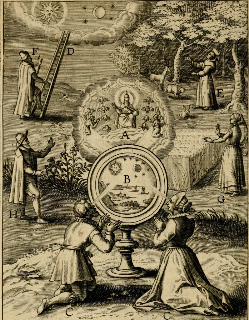 An illustration from Duodecim specula Deum aliquando videre desideranti concinnata, 1610, leaf 117