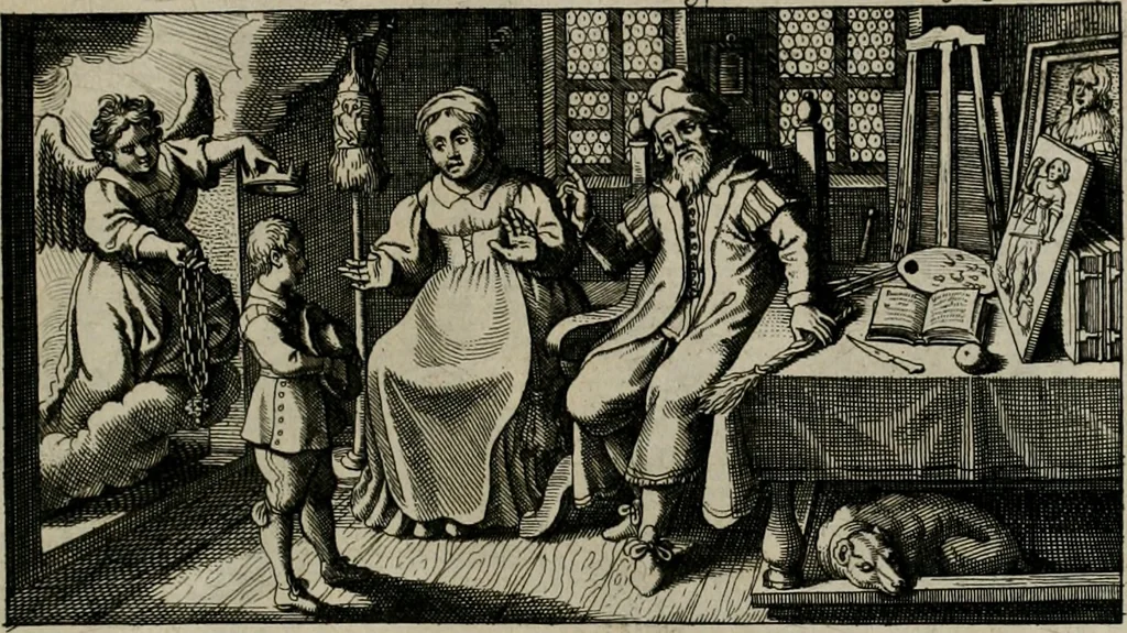 An illustration from [Duodekàs] emblematum sacrorum quorum consideratio accurata ad fidei exercitium et excitandam pietatem plurimum facere potest : erster [-vierter] Theill : schöner geistlichen Lehr vndt trost figuren, deren fleissige betrachtung zur Glaubens vbung vndt erweckung Chistlicher [sic] andacht, durch Gottes gnade, sehr deinlich sein kän, 1625, leaf 104