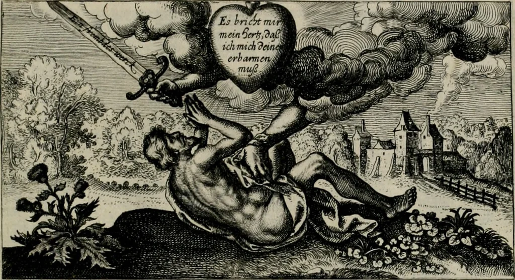An illustration from [Duodekàs] emblematum sacrorum quorum consideratio accurata ad fidei exercitium et excitandam pietatem plurimum facere potest : erster [-vierter] Theill : schöner geistlichen Lehr vndt trost figuren, deren fleissige betrachtung zur Glaubens vbung vndt erweckung Chistlicher [sic] andacht, durch Gottes gnade, sehr deinlich sein kän, 1625, leaf 16