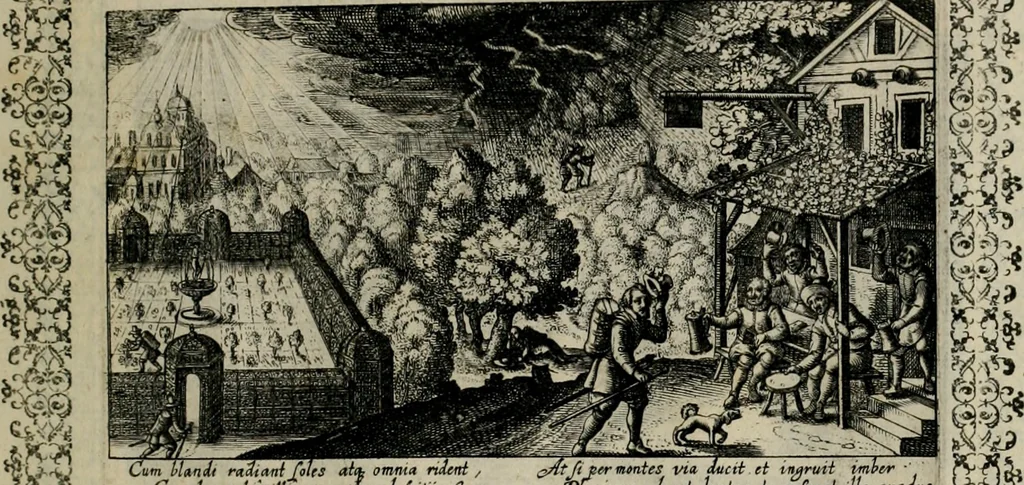 An illustration from [Duodekàs] emblematum sacrorum quorum consideratio accurata ad fidei exercitium et excitandam pietatem plurimum facere potest : erster [-vierter] Theill : schöner geistlichen Lehr vndt trost figuren, deren fleissige betrachtung zur Glaubens vbung vndt erweckung Chistlicher [sic] andacht, durch Gottes gnade, sehr deinlich sein kän, 1625, leaf 26