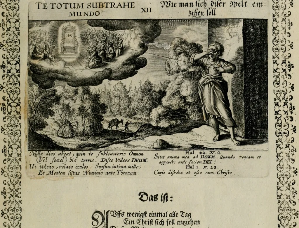An illustration from [Duodekàs] emblematum sacrorum quorum consideratio accurata ad fidei exercitium et excitandam pietatem plurimum facere potest : erster [-vierter] Theill : schöner geistlichen Lehr vndt trost figuren, deren fleissige betrachtung zur Glaubens vbung vndt erweckung Chistlicher [sic] andacht, durch Gottes gnade, sehr deinlich sein kän, 1625, leaf 28