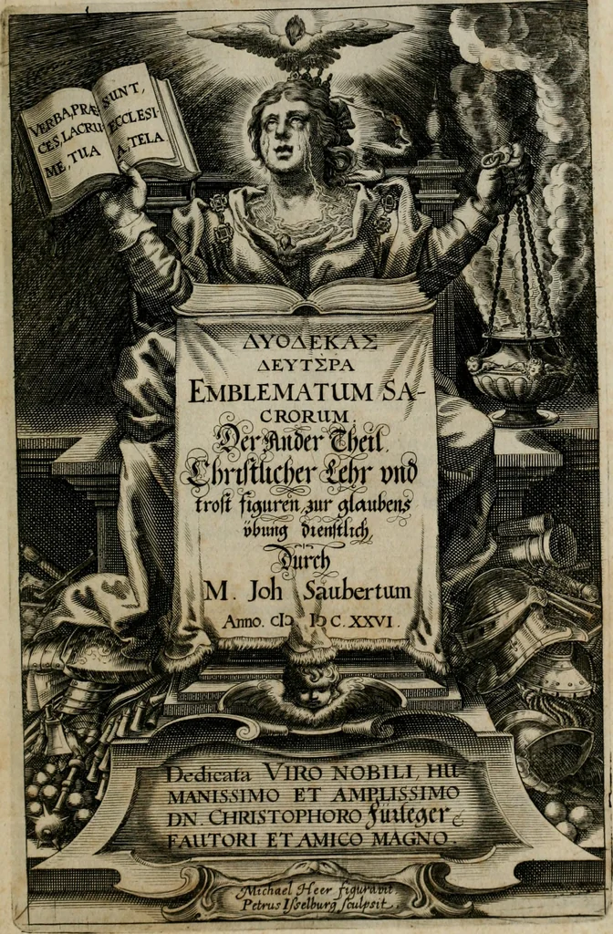 An illustration from [Duodekàs] emblematum sacrorum quorum consideratio accurata ad fidei exercitium et excitandam pietatem plurimum facere potest : erster [-vierter] Theill : schöner geistlichen Lehr vndt trost figuren, deren fleissige betrachtung zur Glaubens vbung vndt erweckung Chistlicher [sic] andacht, durch Gottes gnade, sehr deinlich sein kän, 1625, leaf 30