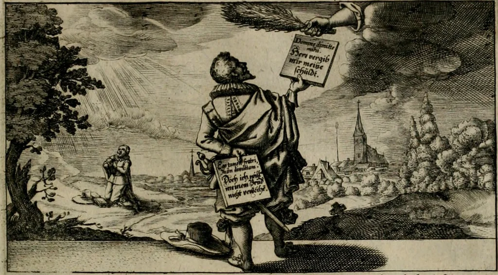 An illustration from [Duodekàs] emblematum sacrorum quorum consideratio accurata ad fidei exercitium et excitandam pietatem plurimum facere potest : erster [-vierter] Theill : schöner geistlichen Lehr vndt trost figuren, deren fleissige betrachtung zur Glaubens vbung vndt erweckung Chistlicher [sic] andacht, durch Gottes gnade, sehr deinlich sein kän, 1625, leaf 38