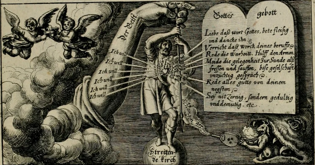 An illustration from [Duodekàs] emblematum sacrorum quorum consideratio accurata ad fidei exercitium et excitandam pietatem plurimum facere potest : erster [-vierter] Theill : schöner geistlichen Lehr vndt trost figuren, deren fleissige betrachtung zur Glaubens vbung vndt erweckung Chistlicher [sic] andacht, durch Gottes gnade, sehr deinlich sein kän, 1625, leaf 6