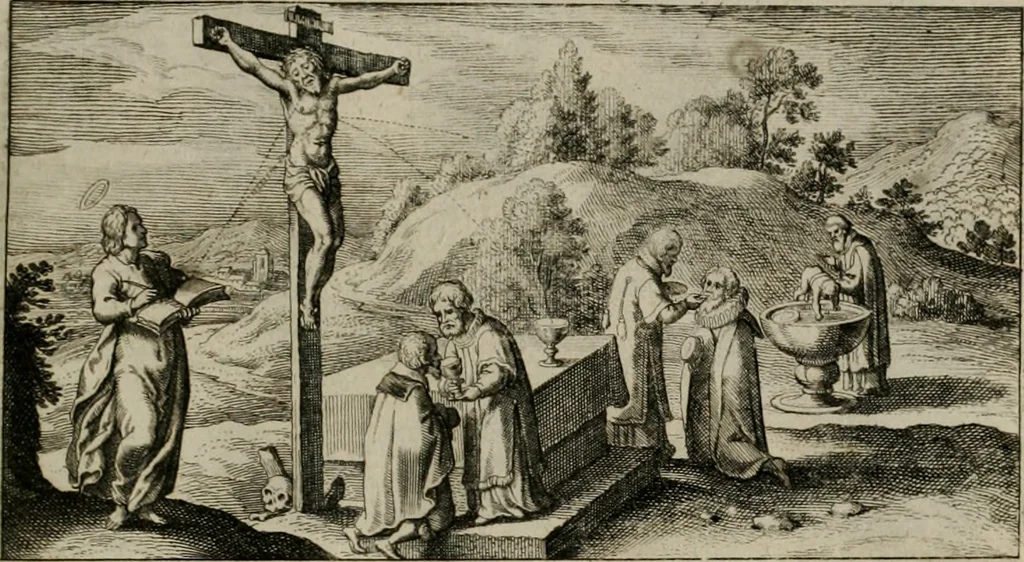 An illustration from [Duodekàs] emblematum sacrorum quorum consideratio accurata ad fidei exercitium et excitandam pietatem plurimum facere potest : erster [-vierter] Theill : schöner geistlichen Lehr vndt trost figuren, deren fleissige betrachtung zur Glaubens vbung vndt erweckung Chistlicher [sic] andacht, durch Gottes gnade, sehr deinlich sein kän, 1625, leaf 62