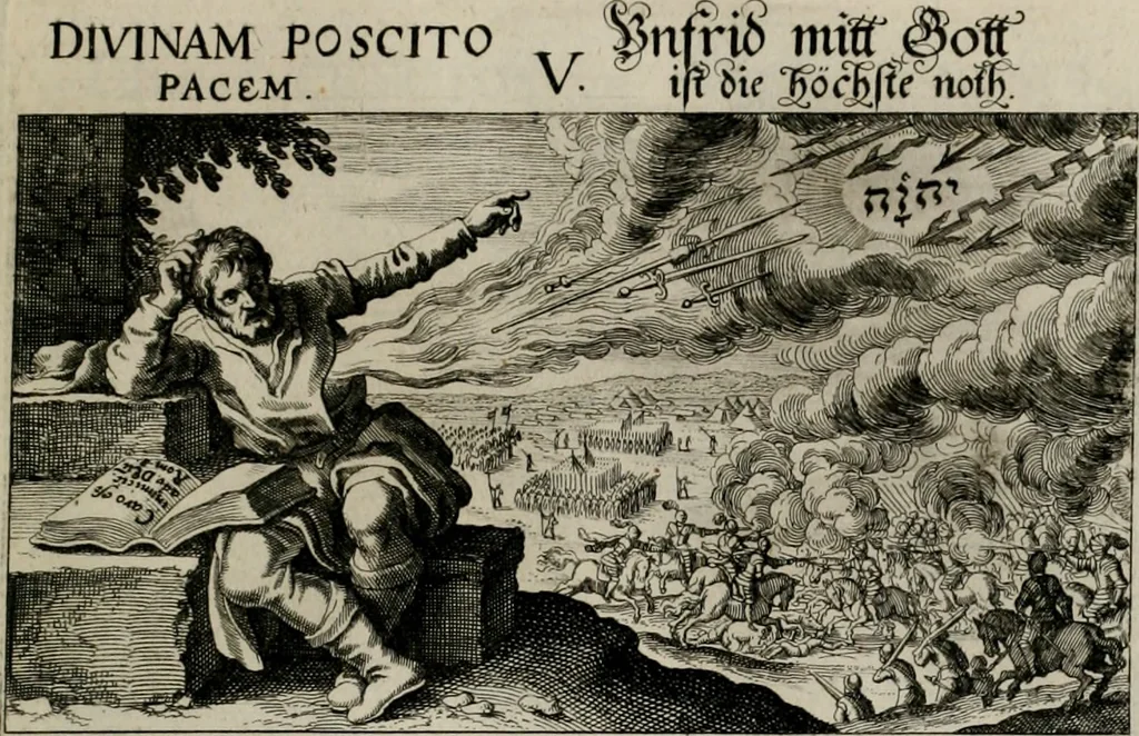 An illustration from [Duodekàs] emblematum sacrorum quorum consideratio accurata ad fidei exercitium et excitandam pietatem plurimum facere potest : erster [-vierter] Theill : schöner geistlichen Lehr vndt trost figuren, deren fleissige betrachtung zur Glaubens vbung vndt erweckung Chistlicher [sic] andacht, durch Gottes gnade, sehr deinlich sein kän, 1625, leaf 66