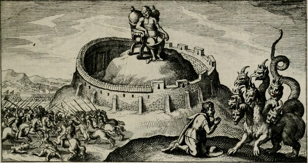An illustration from [Duodekàs] emblematum sacrorum quorum consideratio accurata ad fidei exercitium et excitandam pietatem plurimum facere potest : erster [-vierter] Theill : schöner geistlichen Lehr vndt trost figuren, deren fleissige betrachtung zur Glaubens vbung vndt erweckung Chistlicher [sic] andacht, durch Gottes gnade, sehr deinlich sein kän, 1625, leaf 72