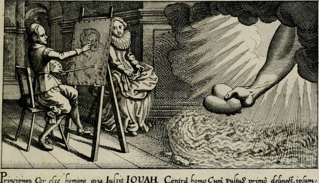 An illustration from [Duodekàs] emblematum sacrorum quorum consideratio accurata ad fidei exercitium et excitandam pietatem plurimum facere potest : erster [-vierter] Theill : schöner geistlichen Lehr vndt trost figuren, deren fleissige betrachtung zur Glaubens vbung vndt erweckung Chistlicher [sic] andacht, durch Gottes gnade, sehr deinlich sein kän, 1625, leaf 76