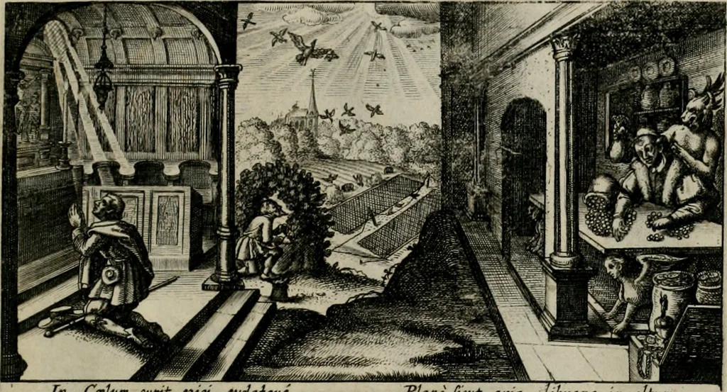 An illustration from [Duodekàs] emblematum sacrorum quorum consideratio accurata ad fidei exercitium et excitandam pietatem plurimum facere potest : erster [-vierter] Theill : schöner geistlichen Lehr vndt trost figuren, deren fleissige betrachtung zur Glaubens vbung vndt erweckung Chistlicher [sic] andacht, durch Gottes gnade, sehr deinlich sein kän, 1625, leaf 8