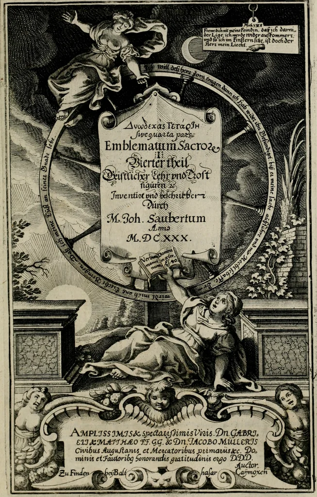 An illustration from [Duodekàs] emblematum sacrorum quorum consideratio accurata ad fidei exercitium et excitandam pietatem plurimum facere potest : erster [-vierter] Theill : schöner geistlichen Lehr vndt trost figuren, deren fleissige betrachtung zur Glaubens vbung vndt erweckung Chistlicher [sic] andacht, durch Gottes gnade, sehr deinlich sein kän, 1625, leaf 82