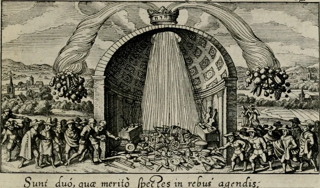 An illustration from [Duodekàs] emblematum sacrorum quorum consideratio accurata ad fidei exercitium et excitandam pietatem plurimum facere potest : erster [-vierter] Theill : schöner geistlichen Lehr vndt trost figuren, deren fleissige betrachtung zur Glaubens vbung vndt erweckung Chistlicher [sic] andacht, durch Gottes gnade, sehr deinlich sein kän, 1625, leaf 84