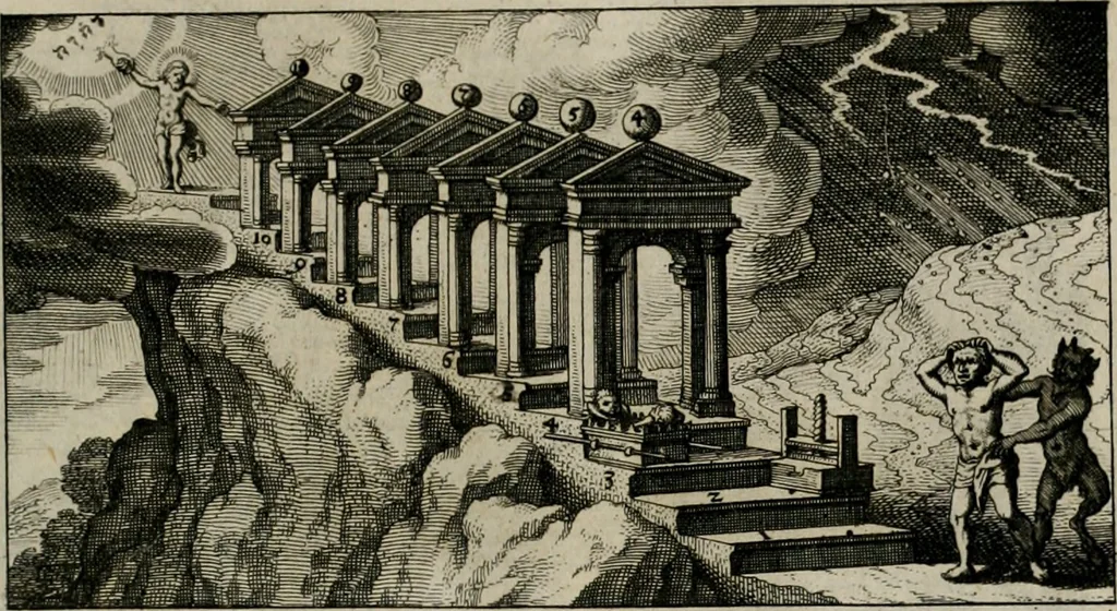 An illustration from [Duodekàs] emblematum sacrorum quorum consideratio accurata ad fidei exercitium et excitandam pietatem plurimum facere potest : erster [-vierter] Theill : schöner geistlichen Lehr vndt trost figuren, deren fleissige betrachtung zur Glaubens vbung vndt erweckung Chistlicher [sic] andacht, durch Gottes gnade, sehr deinlich sein kän, 1625, leaf 88