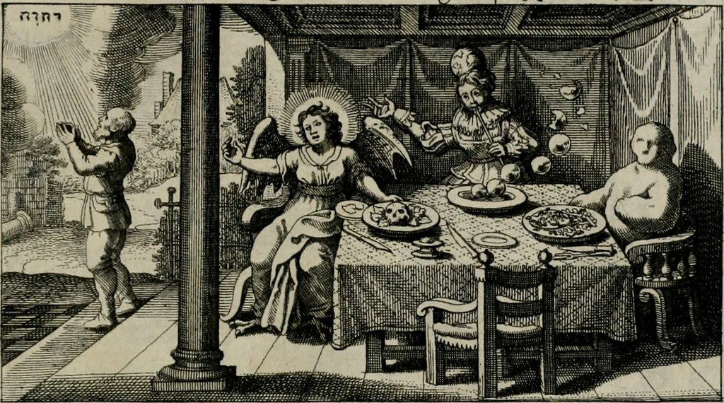 An illustration from [Duodekàs] emblematum sacrorum quorum consideratio accurata ad fidei exercitium et excitandam pietatem plurimum facere potest : erster [-vierter] Theill : schöner geistlichen Lehr vndt trost figuren, deren fleissige betrachtung zur Glaubens vbung vndt erweckung Chistlicher [sic] andacht, durch Gottes gnade, sehr deinlich sein kän, 1625, leaf 94
