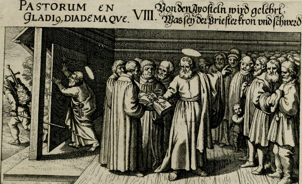 An illustration from [Duodekàs] emblematum sacrorum quorum consideratio accurata ad fidei exercitium et excitandam pietatem plurimum facere potest : erster [-vierter] Theill : schöner geistlichen Lehr vndt trost figuren, deren fleissige betrachtung zur Glaubens vbung vndt erweckung Chistlicher [sic] andacht, durch Gottes gnade, sehr deinlich sein kän, 1625, leaf 98