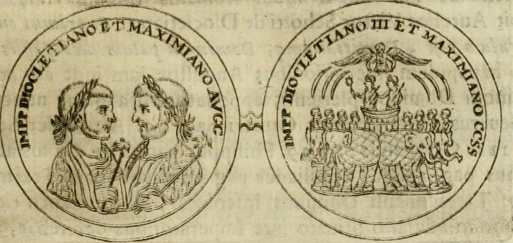 An illustration from Duplex dissertatio de duobus nummis Diocletiani et Licinii : ex cimelijs sereniss. ac reuerendiss. principis Leopoldi Cardinalis Medicei : cum auctario chronologico de votis decennalibus imperatorum ac caesarum, 1675, leaf 18