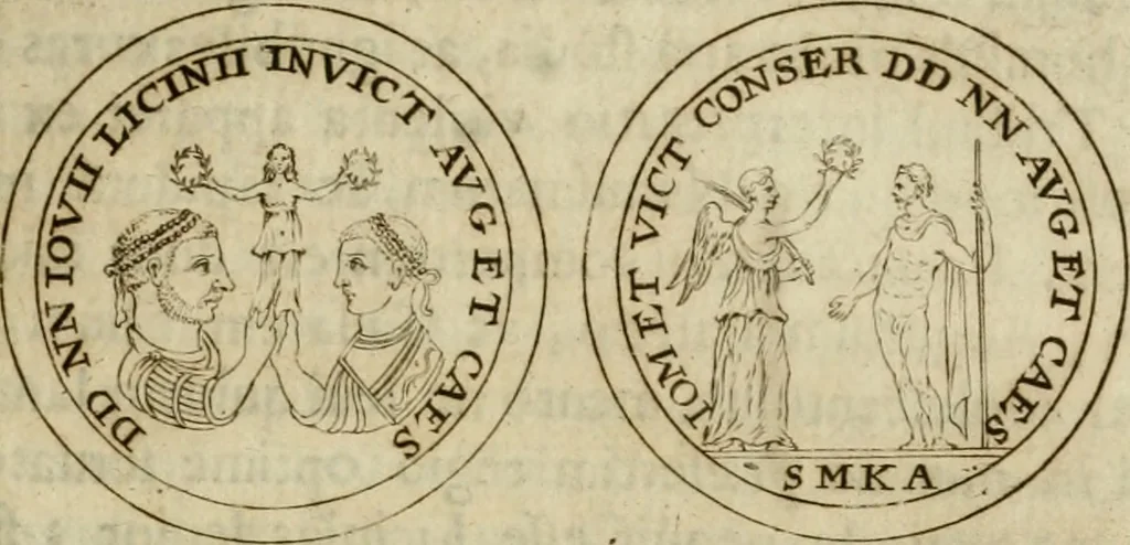 An illustration from Duplex dissertatio de duobus nummis Diocletiani et Licinii : ex cimelijs sereniss. ac reuerendiss. principis Leopoldi Cardinalis Medicei : cum auctario chronologico de votis decennalibus imperatorum ac caesarum, 1675, leaf 70