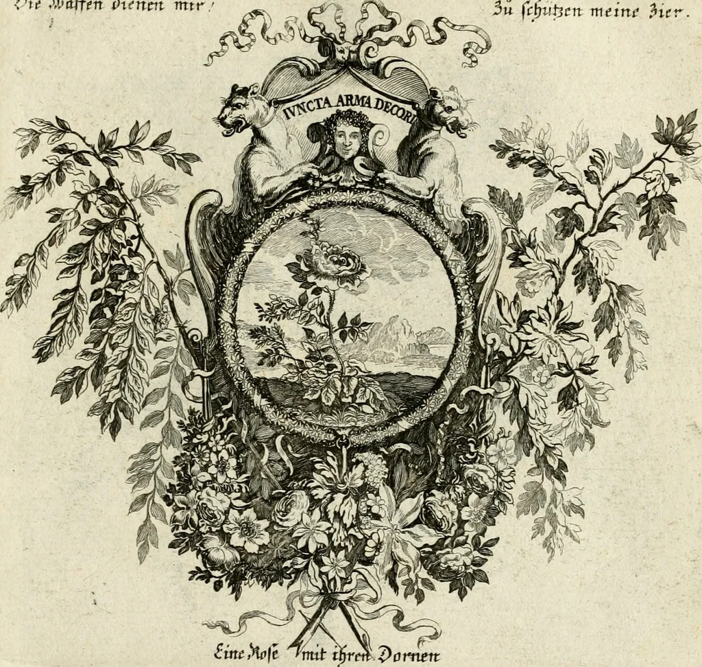 An illustration from Tapisseries du roy, ou sont representez les quatre elemens et les quatre saisons : avec les devises qvi les accompagnent & leur explication = Königliche französische Tapezereyen, oder überauss schöne Sinn-Bilder, in welchen die vier Element, samt den vier Jahr-Zeiten, neben den Dencksprüchen und ihren Ausslegungen, vorgestellet werden, 1690, leaf 100