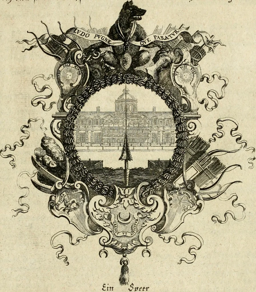 An illustration from Tapisseries du roy, ou sont representez les quatre elemens et les quatre saisons : avec les devises qvi les accompagnent & leur explication = Königliche französische Tapezereyen, oder überauss schöne Sinn-Bilder, in welchen die vier Element, samt den vier Jahr-Zeiten, neben den Dencksprüchen und ihren Ausslegungen, vorgestellet werden, 1690, leaf 102