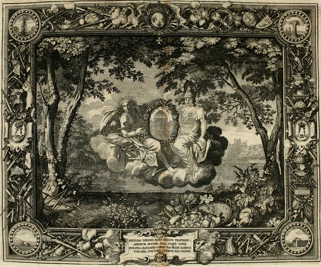An illustration from Tapisseries du roy, ou sont representez les quatre elemens et les quatre saisons : avec les devises qvi les accompagnent & leur explication = Königliche französische Tapezereyen, oder überauss schöne Sinn-Bilder, in welchen die vier Element, samt den vier Jahr-Zeiten, neben den Dencksprüchen und ihren Ausslegungen, vorgestellet werden, 1690, leaf 113