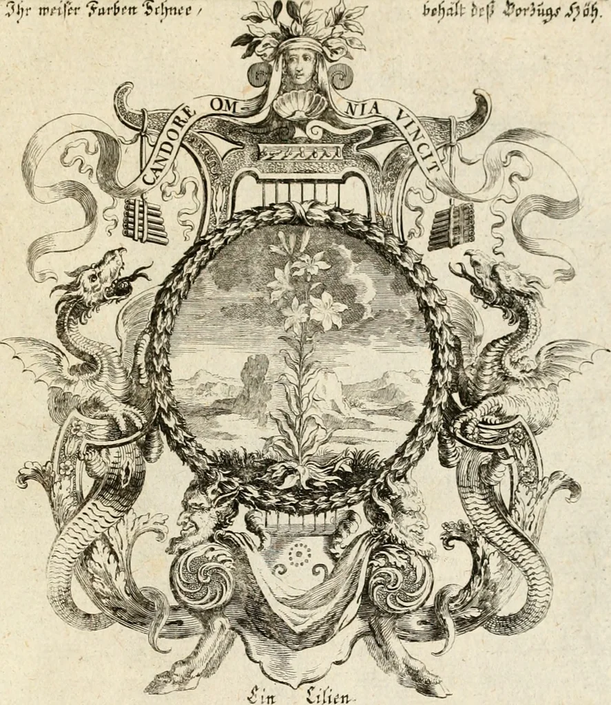 An illustration from Tapisseries du roy, ou sont representez les quatre elemens et les quatre saisons : avec les devises qvi les accompagnent & leur explication = Königliche französische Tapezereyen, oder überauss schöne Sinn-Bilder, in welchen die vier Element, samt den vier Jahr-Zeiten, neben den Dencksprüchen und ihren Ausslegungen, vorgestellet werden, 1690, leaf 114