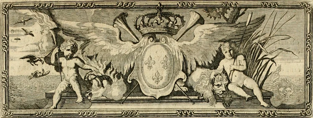 An illustration from Tapisseries du roy, ou sont representez les quatre elemens et les quatre saisons : avec les devises qvi les accompagnent & leur explication = Königliche französische Tapezereyen, oder überauss schöne Sinn-Bilder, in welchen die vier Element, samt den vier Jahr-Zeiten, neben den Dencksprüchen und ihren Ausslegungen, vorgestellet werden, 1690, leaf 12