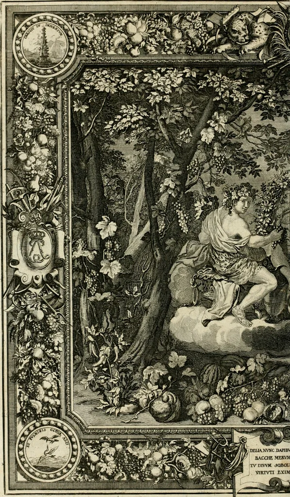 An illustration from Tapisseries du roy, ou sont representez les quatre elemens et les quatre saisons : avec les devises qvi les accompagnent & leur explication = Königliche französische Tapezereyen, oder überauss schöne Sinn-Bilder, in welchen die vier Element, samt den vier Jahr-Zeiten, neben den Dencksprüchen und ihren Ausslegungen, vorgestellet werden, 1690, leaf 127