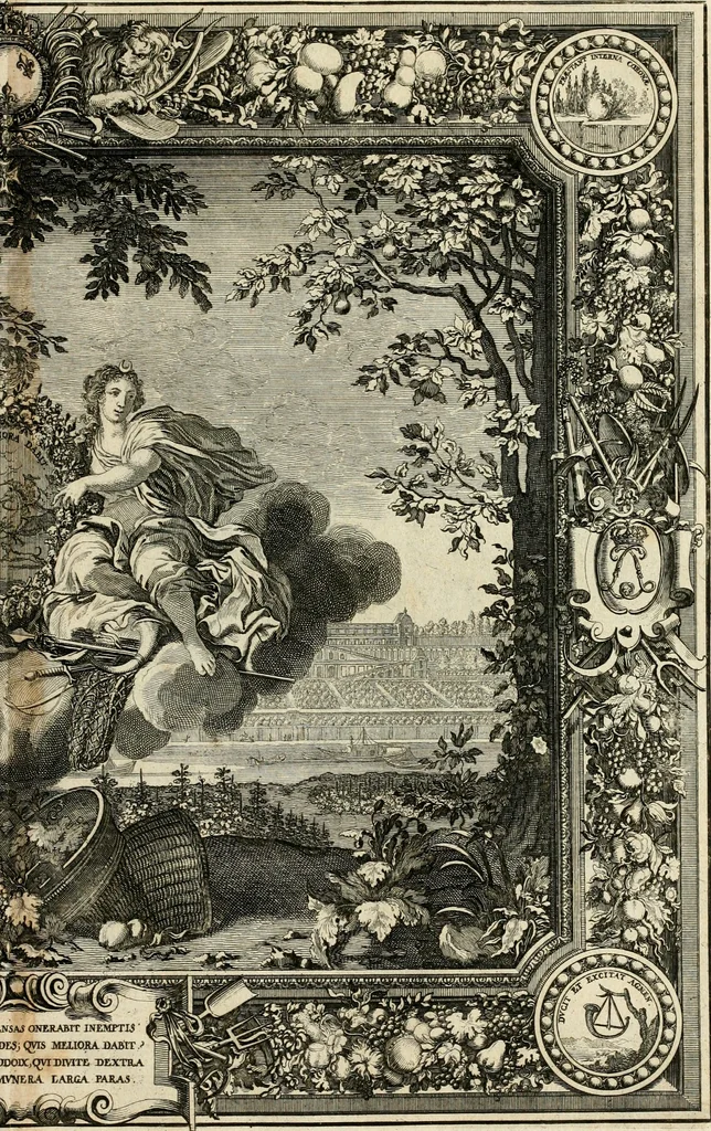 An illustration from Tapisseries du roy, ou sont representez les quatre elemens et les quatre saisons : avec les devises qvi les accompagnent & leur explication = Königliche französische Tapezereyen, oder überauss schöne Sinn-Bilder, in welchen die vier Element, samt den vier Jahr-Zeiten, neben den Dencksprüchen und ihren Ausslegungen, vorgestellet werden, 1690, leaf 128