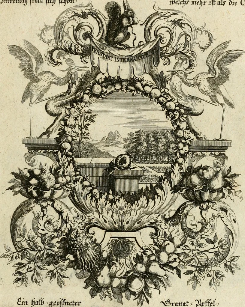 An illustration from Tapisseries du roy, ou sont representez les quatre elemens et les quatre saisons : avec les devises qvi les accompagnent & leur explication = Königliche französische Tapezereyen, oder überauss schöne Sinn-Bilder, in welchen die vier Element, samt den vier Jahr-Zeiten, neben den Dencksprüchen und ihren Ausslegungen, vorgestellet werden, 1690, leaf 132