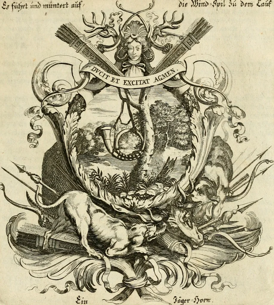 An illustration from Tapisseries du roy, ou sont representez les quatre elemens et les quatre saisons : avec les devises qvi les accompagnent & leur explication = Königliche französische Tapezereyen, oder überauss schöne Sinn-Bilder, in welchen die vier Element, samt den vier Jahr-Zeiten, neben den Dencksprüchen und ihren Ausslegungen, vorgestellet werden, 1690, leaf 136