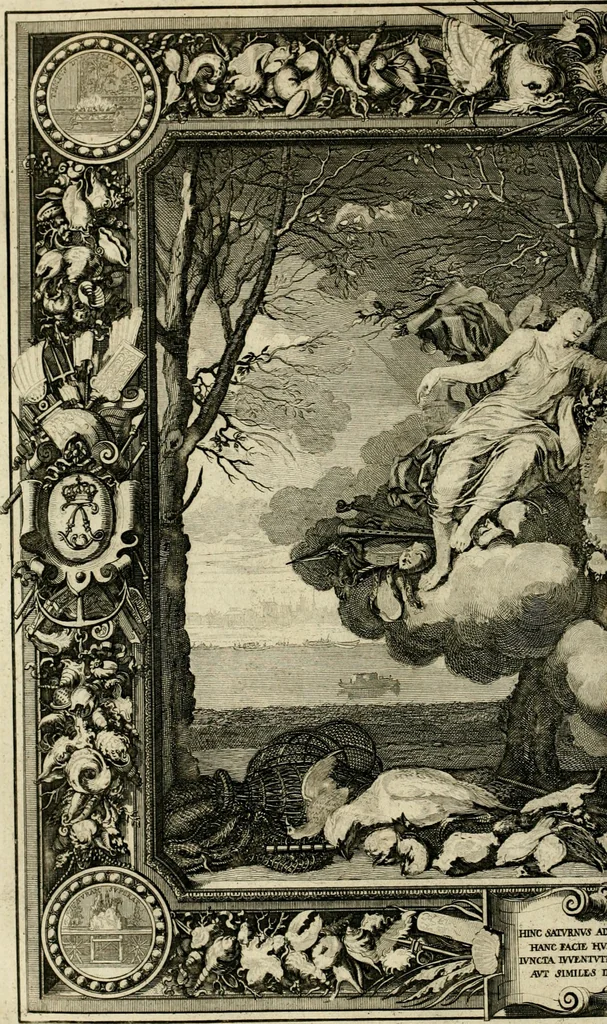 An illustration from Tapisseries du roy, ou sont representez les quatre elemens et les quatre saisons : avec les devises qvi les accompagnent & leur explication = Königliche französische Tapezereyen, oder überauss schöne Sinn-Bilder, in welchen die vier Element, samt den vier Jahr-Zeiten, neben den Dencksprüchen und ihren Ausslegungen, vorgestellet werden, 1690, leaf 143