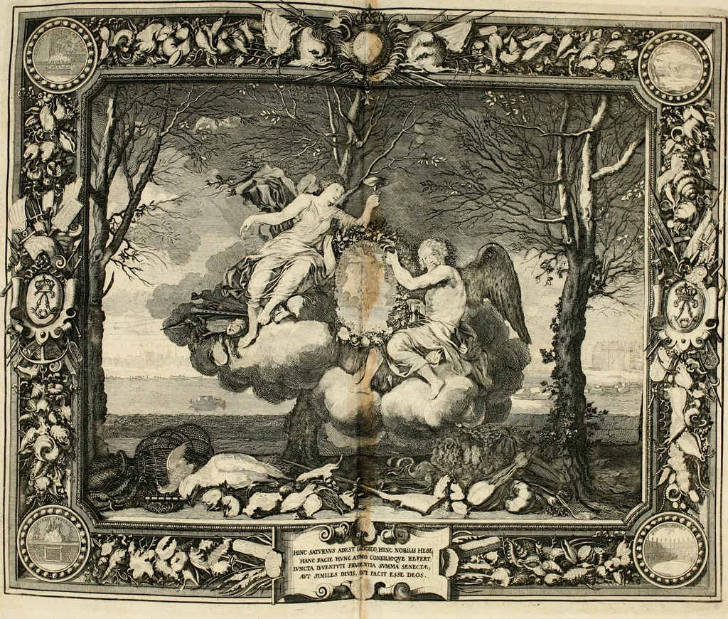 An illustration from Tapisseries du roy, ou sont representez les quatre elemens et les quatre saisons : avec les devises qvi les accompagnent & leur explication = Königliche französische Tapezereyen, oder überauss schöne Sinn-Bilder, in welchen die vier Element, samt den vier Jahr-Zeiten, neben den Dencksprüchen und ihren Ausslegungen, vorgestellet werden, 1690, leaf 145