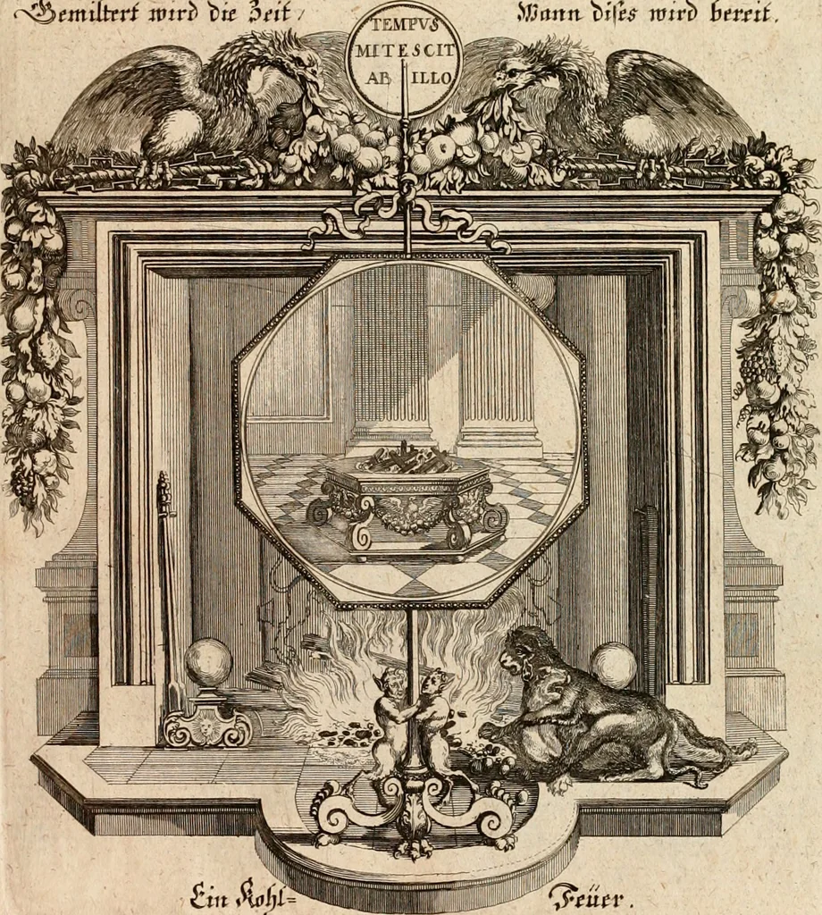 An illustration from Tapisseries du roy, ou sont representez les quatre elemens et les quatre saisons : avec les devises qvi les accompagnent & leur explication = Königliche französische Tapezereyen, oder überauss schöne Sinn-Bilder, in welchen die vier Element, samt den vier Jahr-Zeiten, neben den Dencksprüchen und ihren Ausslegungen, vorgestellet werden, 1690, leaf 146
