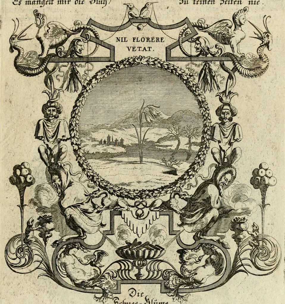 An illustration from Tapisseries du roy, ou sont representez les quatre elemens et les quatre saisons : avec les devises qvi les accompagnent & leur explication = Königliche französische Tapezereyen, oder überauss schöne Sinn-Bilder, in welchen die vier Element, samt den vier Jahr-Zeiten, neben den Dencksprüchen und ihren Ausslegungen, vorgestellet werden, 1690, leaf 148
