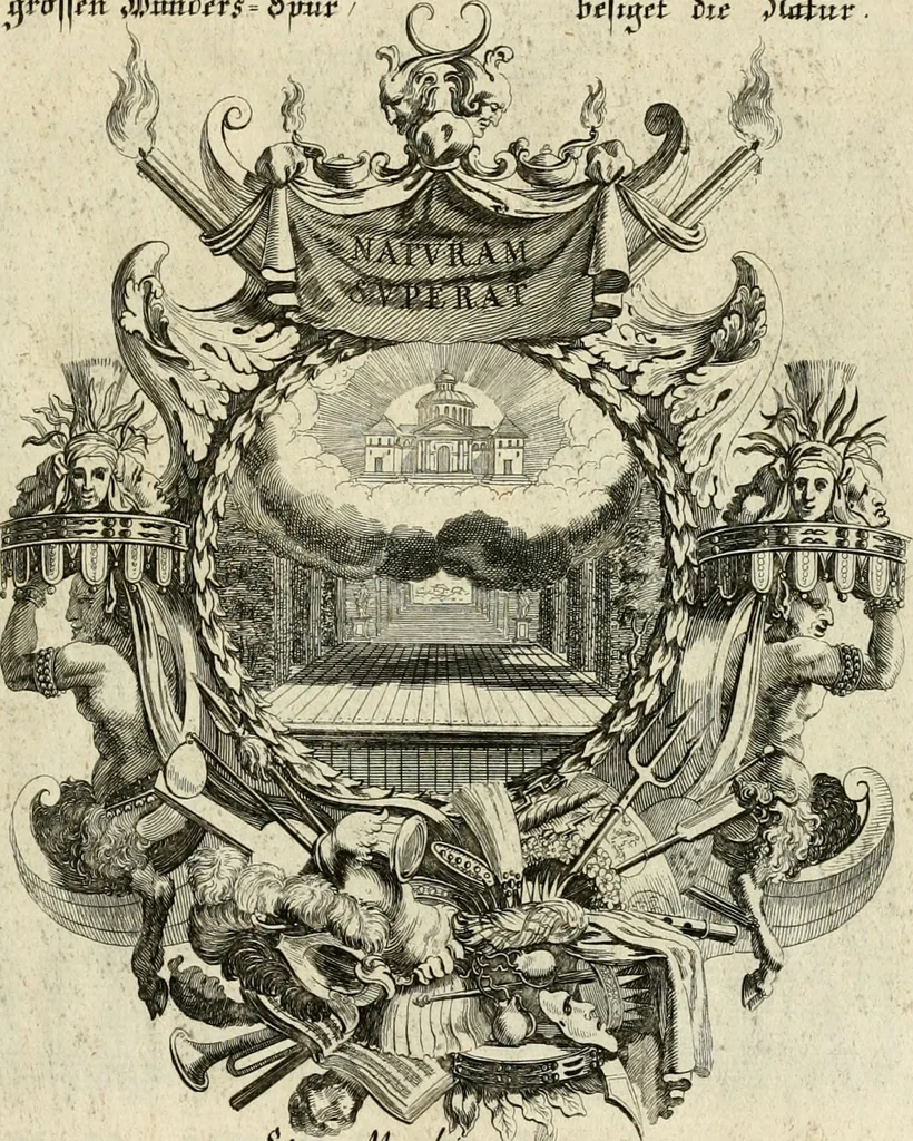 An illustration from Tapisseries du roy, ou sont representez les quatre elemens et les quatre saisons : avec les devises qvi les accompagnent & leur explication = Königliche französische Tapezereyen, oder überauss schöne Sinn-Bilder, in welchen die vier Element, samt den vier Jahr-Zeiten, neben den Dencksprüchen und ihren Ausslegungen, vorgestellet werden, 1690, leaf 150