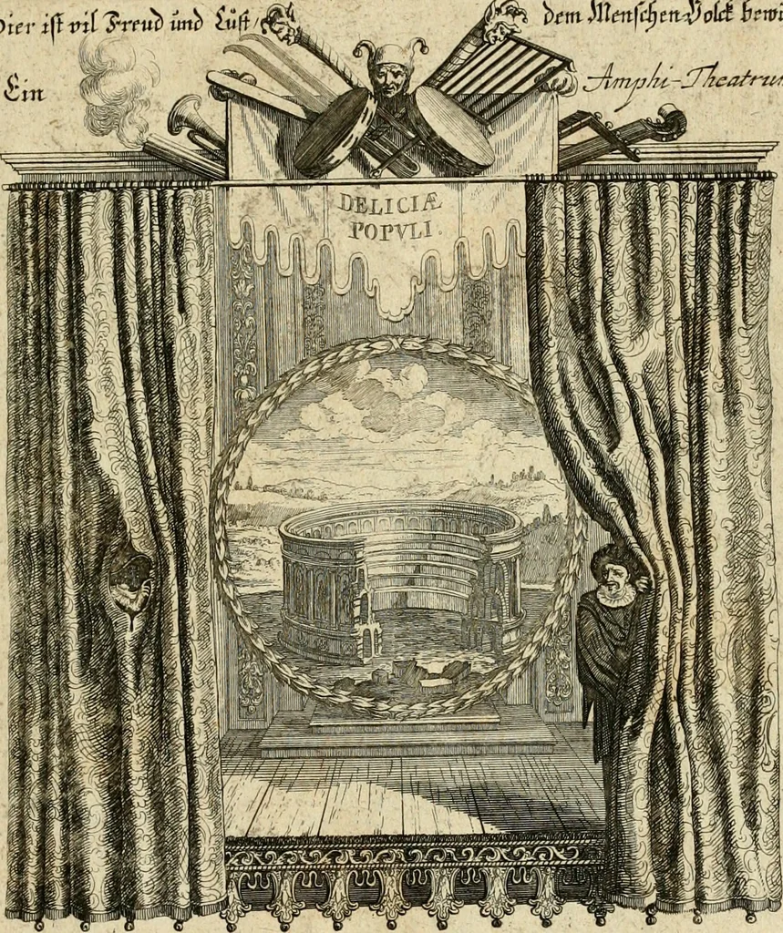 An illustration from Tapisseries du roy, ou sont representez les quatre elemens et les quatre saisons : avec les devises qvi les accompagnent & leur explication = Königliche französische Tapezereyen, oder überauss schöne Sinn-Bilder, in welchen die vier Element, samt den vier Jahr-Zeiten, neben den Dencksprüchen und ihren Ausslegungen, vorgestellet werden, 1690, leaf 152