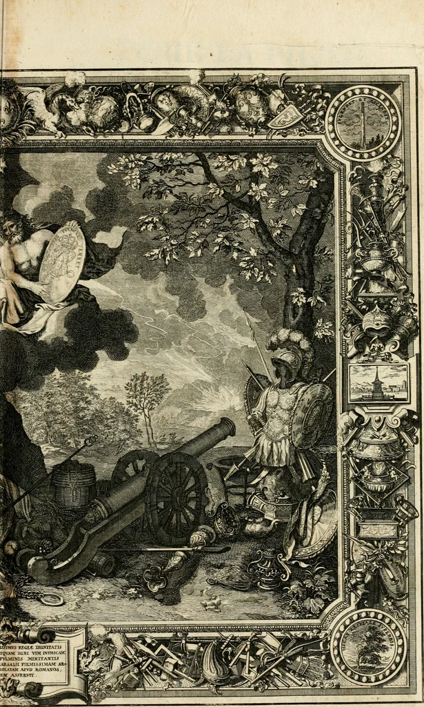 An illustration from Tapisseries du roy, ou sont representez les quatre elemens et les quatre saisons : avec les devises qvi les accompagnent & leur explication = Königliche französische Tapezereyen, oder überauss schöne Sinn-Bilder, in welchen die vier Element, samt den vier Jahr-Zeiten, neben den Dencksprüchen und ihren Ausslegungen, vorgestellet werden, 1690, leaf 24