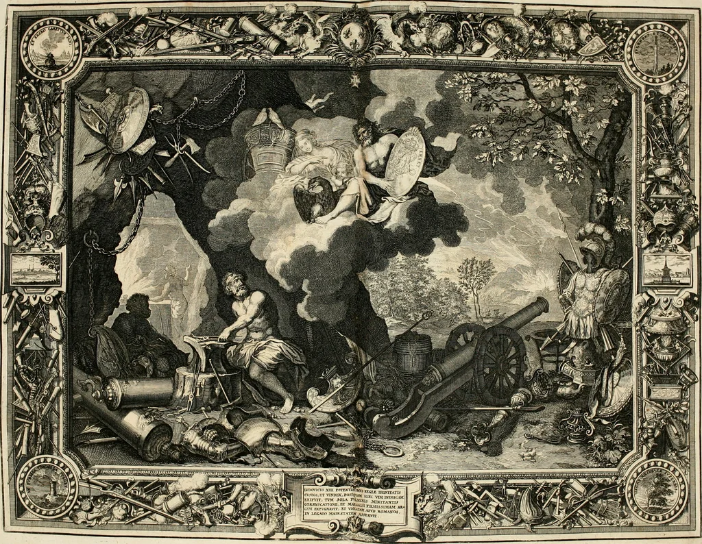 An illustration from Tapisseries du roy, ou sont representez les quatre elemens et les quatre saisons : avec les devises qvi les accompagnent & leur explication = Königliche französische Tapezereyen, oder überauss schöne Sinn-Bilder, in welchen die vier Element, samt den vier Jahr-Zeiten, neben den Dencksprüchen und ihren Ausslegungen, vorgestellet werden, 1690, leaf 25