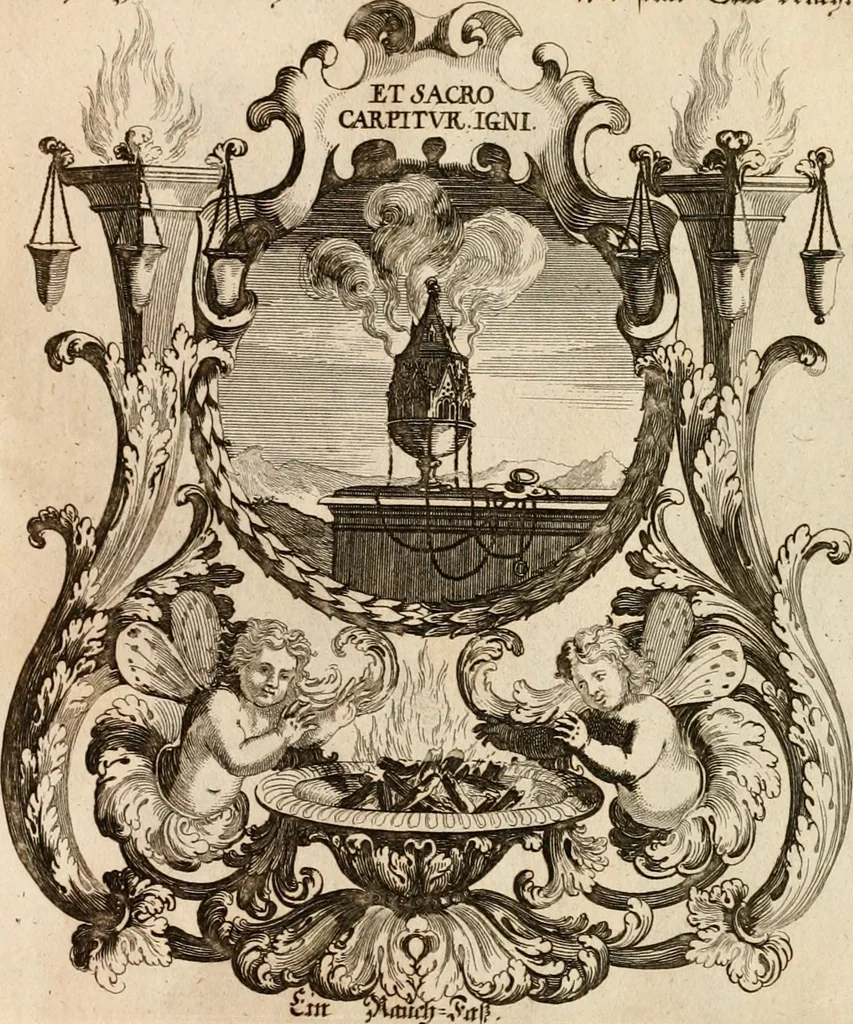 An illustration from Tapisseries du roy, ou sont representez les quatre elemens et les quatre saisons : avec les devises qvi les accompagnent & leur explication = Königliche französische Tapezereyen, oder überauss schöne Sinn-Bilder, in welchen die vier Element, samt den vier Jahr-Zeiten, neben den Dencksprüchen und ihren Ausslegungen, vorgestellet werden, 1690, leaf 26