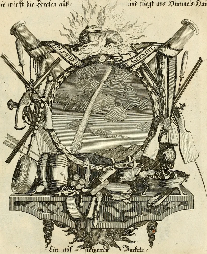 An illustration from Tapisseries du roy, ou sont representez les quatre elemens et les quatre saisons : avec les devises qvi les accompagnent & leur explication = Königliche französische Tapezereyen, oder überauss schöne Sinn-Bilder, in welchen die vier Element, samt den vier Jahr-Zeiten, neben den Dencksprüchen und ihren Ausslegungen, vorgestellet werden, 1690, leaf 28