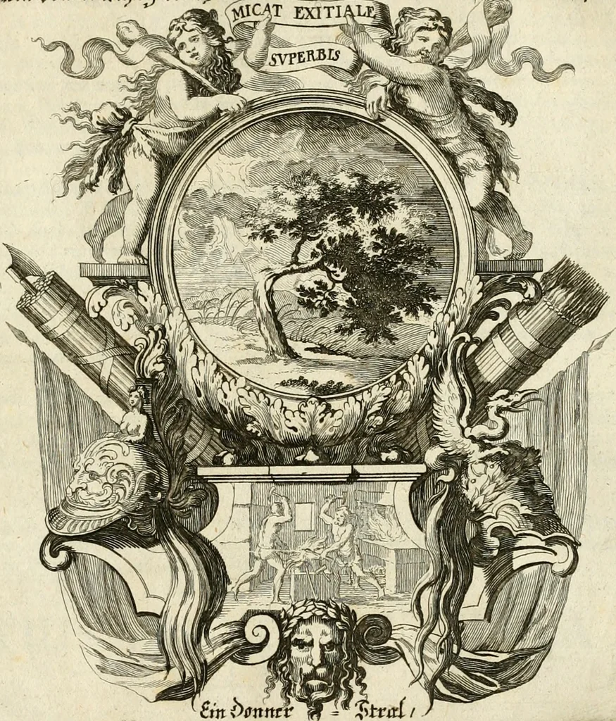 An illustration from Tapisseries du roy, ou sont representez les quatre elemens et les quatre saisons : avec les devises qvi les accompagnent & leur explication = Königliche französische Tapezereyen, oder überauss schöne Sinn-Bilder, in welchen die vier Element, samt den vier Jahr-Zeiten, neben den Dencksprüchen und ihren Ausslegungen, vorgestellet werden, 1690, leaf 32