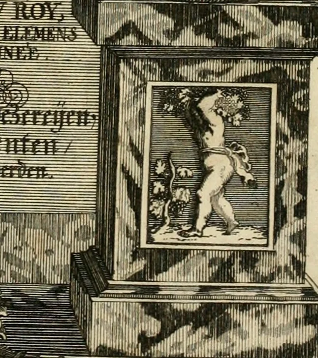 An illustration from Tapisseries du roy, ou sont representez les quatre elemens et les quatre saisons : avec les devises qvi les accompagnent & leur explication = Königliche französische Tapezereyen, oder überauss schöne Sinn-Bilder, in welchen die vier Element, samt den vier Jahr-Zeiten, neben den Dencksprüchen und ihren Ausslegungen, vorgestellet werden, 1690, leaf 4